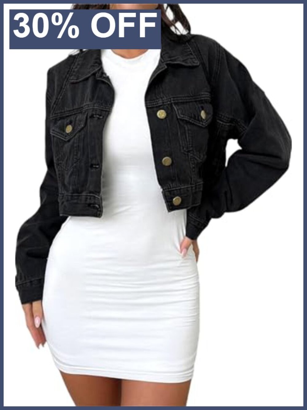 Washed Distressed Denim Cropped Jean Jacket Long Sleeve Fitted Button